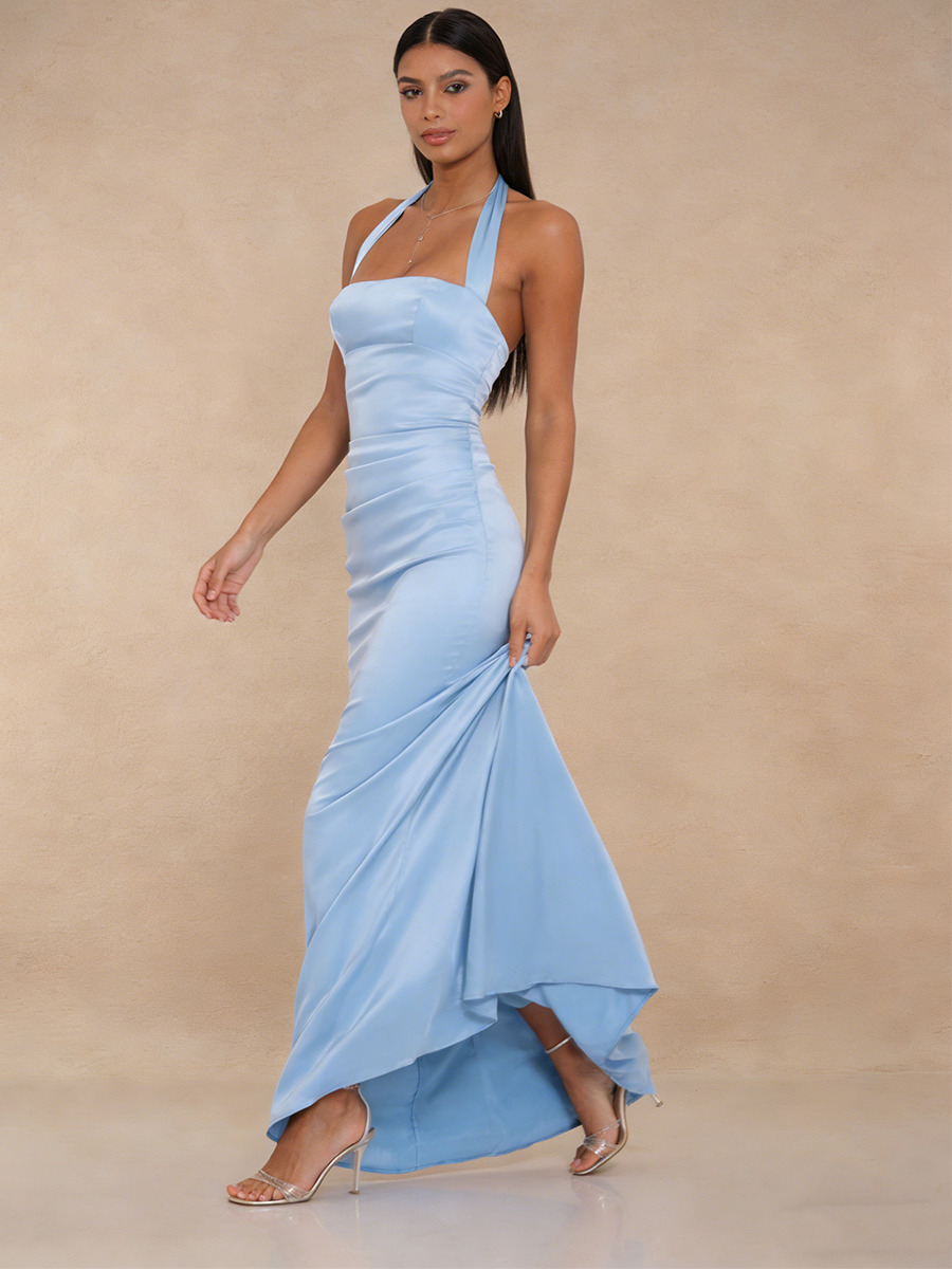 Sheath Halter Square Neck Satin Floor-Length Dress with Ruched Waist for Bridesmaid