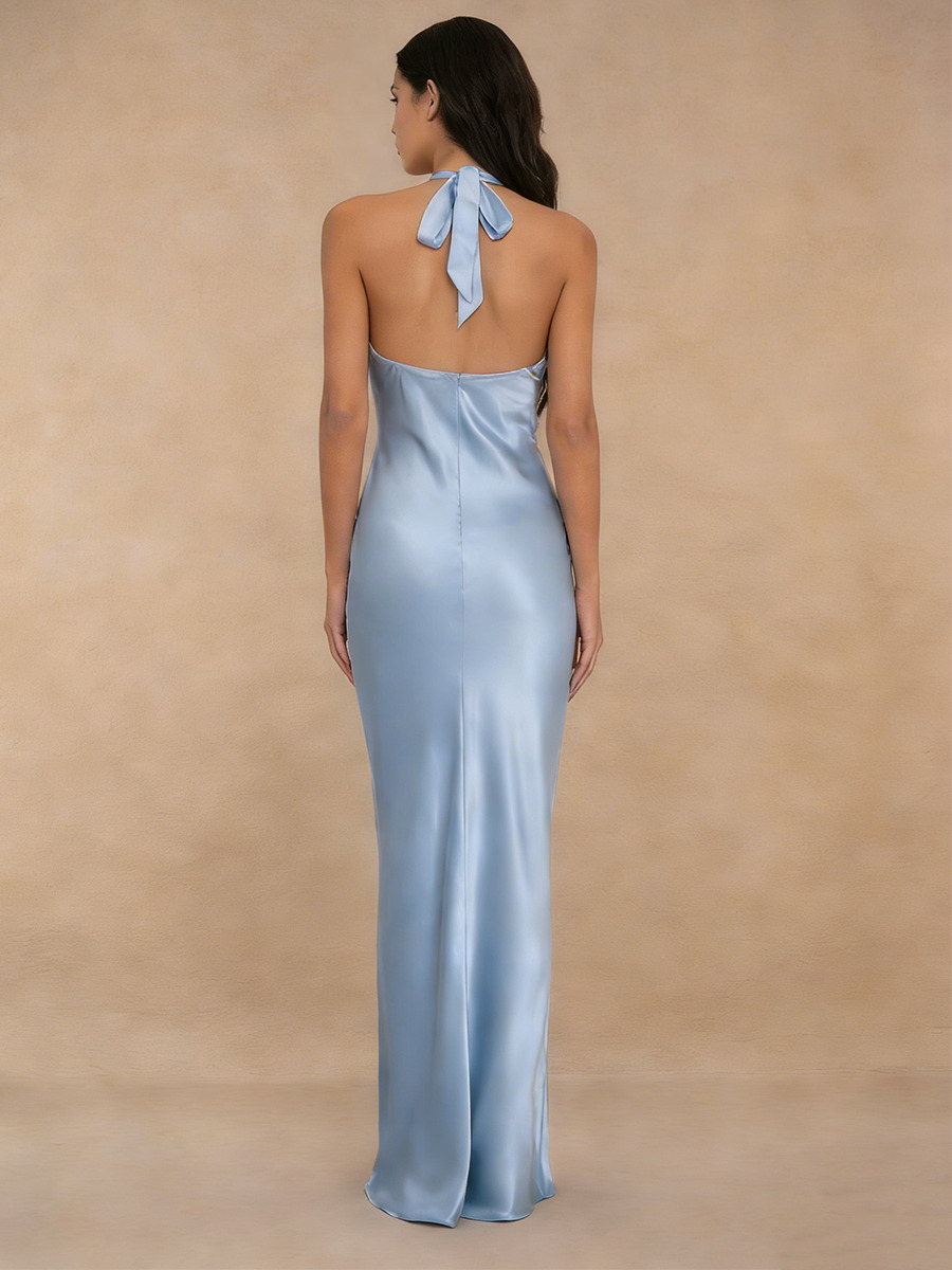 Sheath Halter Square Neck Satin Floor-Length Dress with Ruched Waist for Bridesmaid