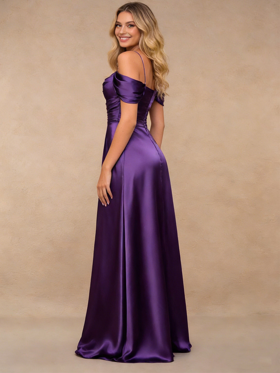 Mermaid Off-the-Shoulder Satin Floor-Length Dress with Draped Neckline for Bridesmaid