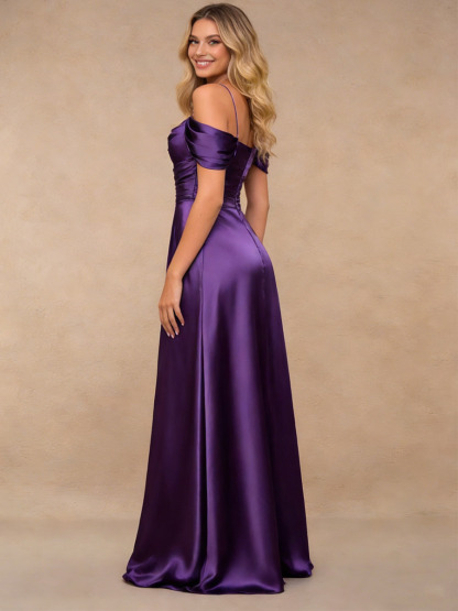 Mermaid Off-the-Shoulder Satin Floor-Length Dress with Draped Neckline for Bridesmaid