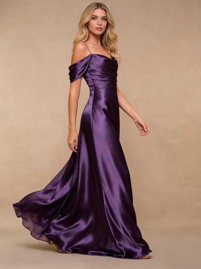 Mermaid Off-the-Shoulder Satin Floor-Length Dress with Draped Neckline for Bridesmaid