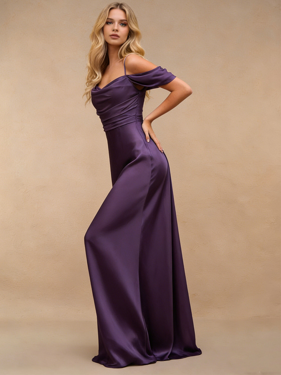 Mermaid Off-the-Shoulder Satin Floor-Length Dress with Draped Neckline for Bridesmaid