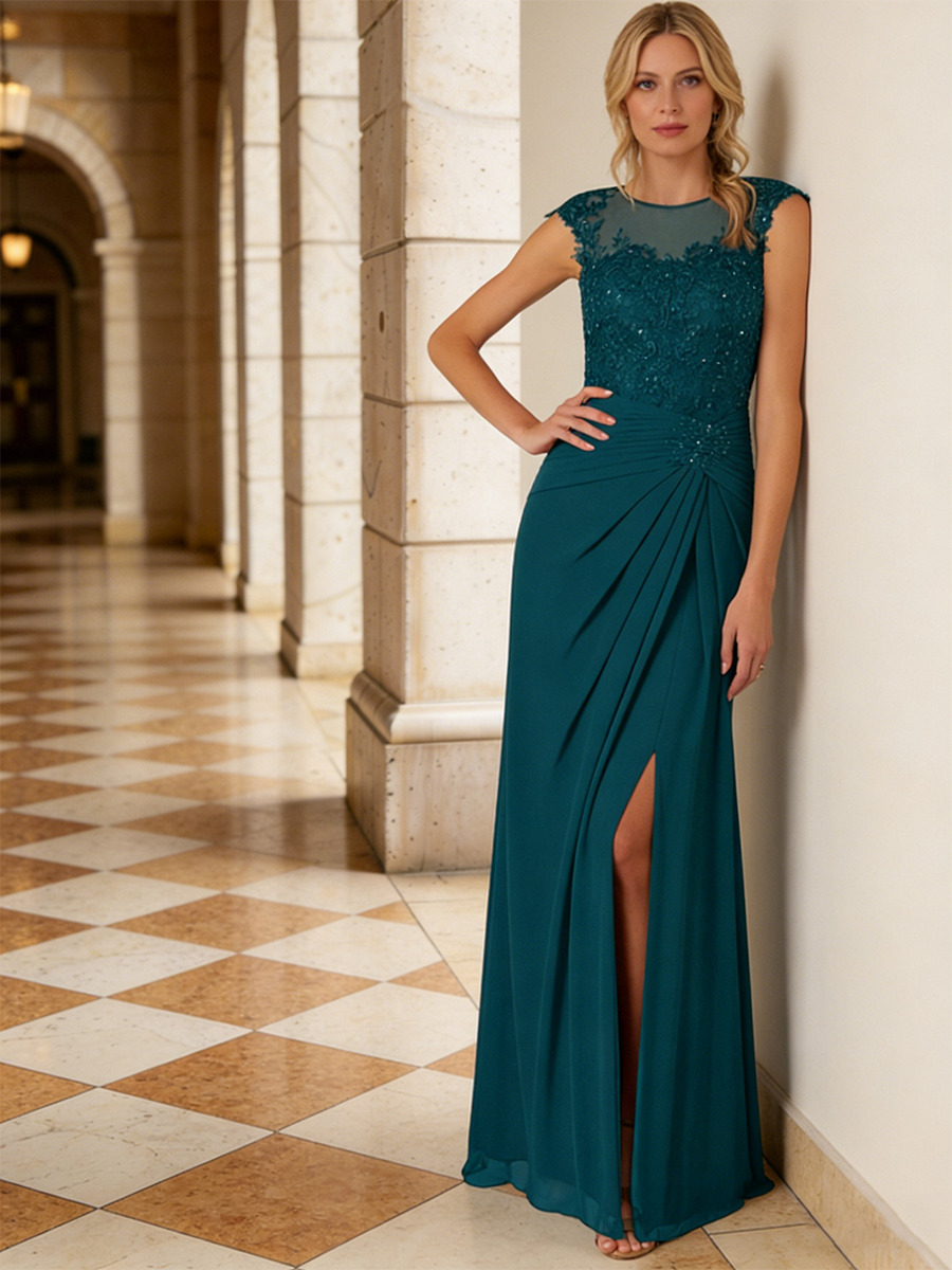 A-Line Illusion Bateau Neck Lace & Chiffon Floor-Length Dress with Beaded Appliqué, Ruched Side & High Slit for Prom & Bridesmaid Events