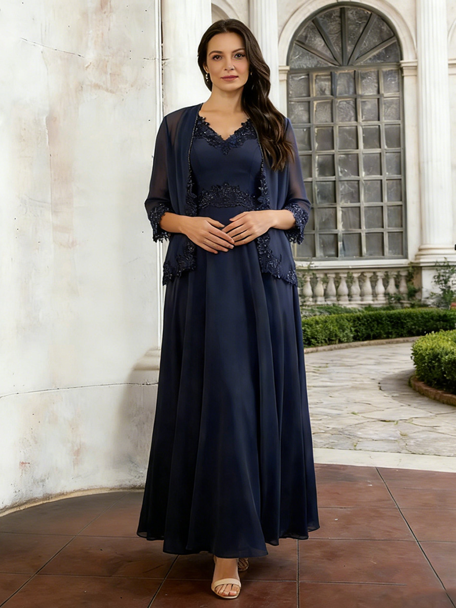A-Line V-Neck Chiffon & Lace Floor-Length Two-Piece Dress with Lace Appliqué & Sheer Chiffon Jacket for Mother of the Bride & Gala Events