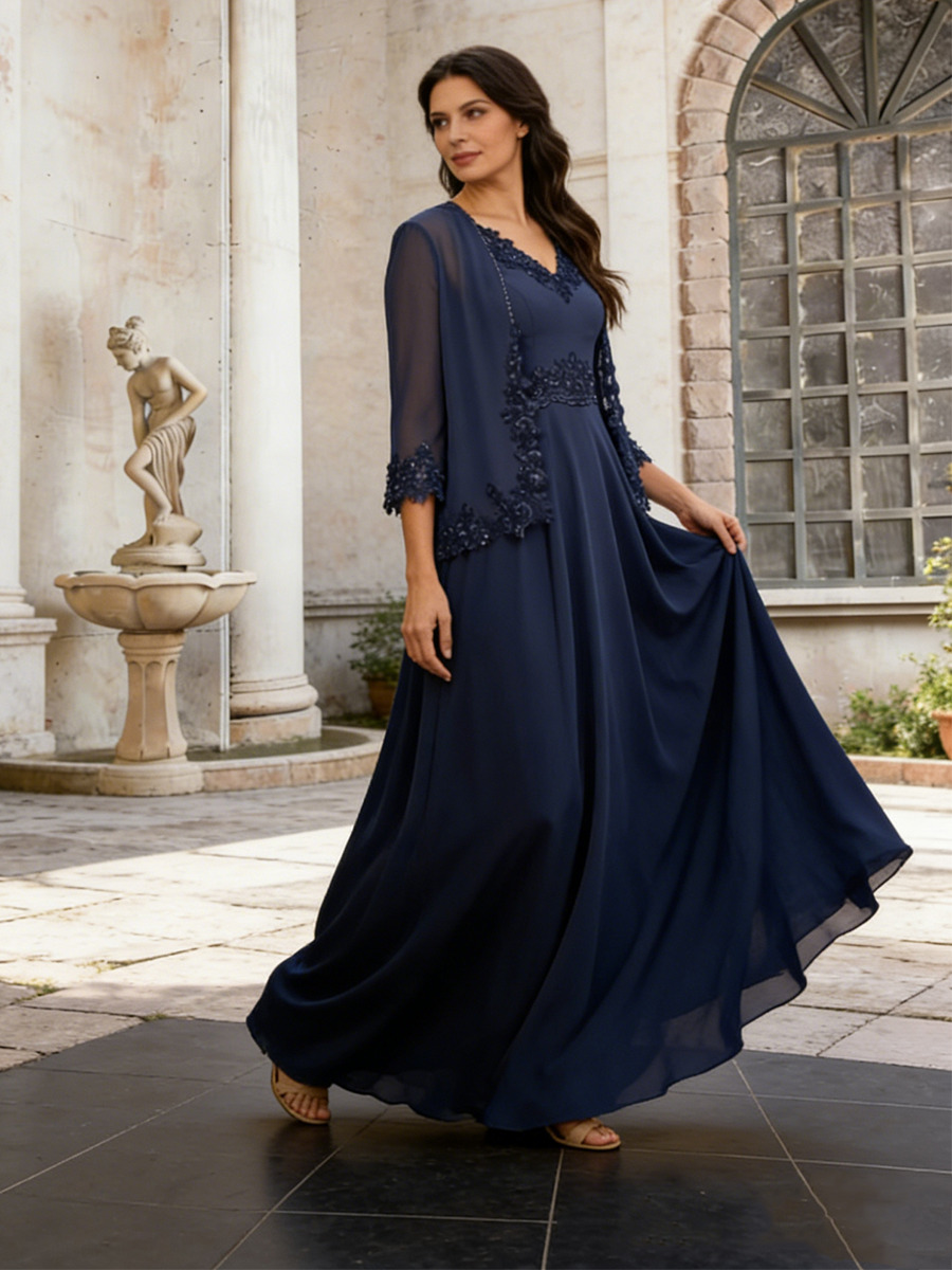 A-Line V-Neck Chiffon & Lace Floor-Length Two-Piece Dress with Lace Appliqué & Sheer Chiffon Jacket for Mother of the Bride & Gala Events