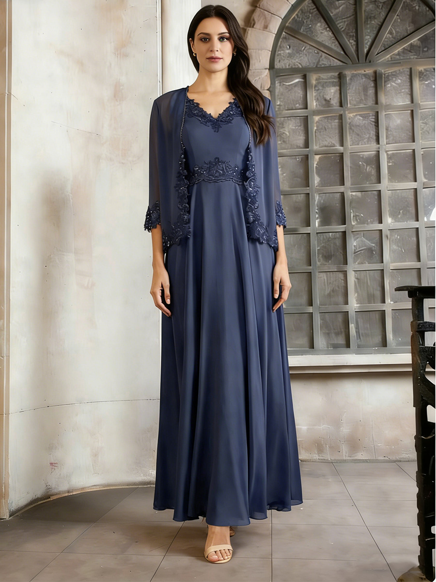 A-Line V-Neck Chiffon & Lace Floor-Length Two-Piece Dress with Lace Appliqué & Sheer Chiffon Jacket for Mother of the Bride & Gala Events