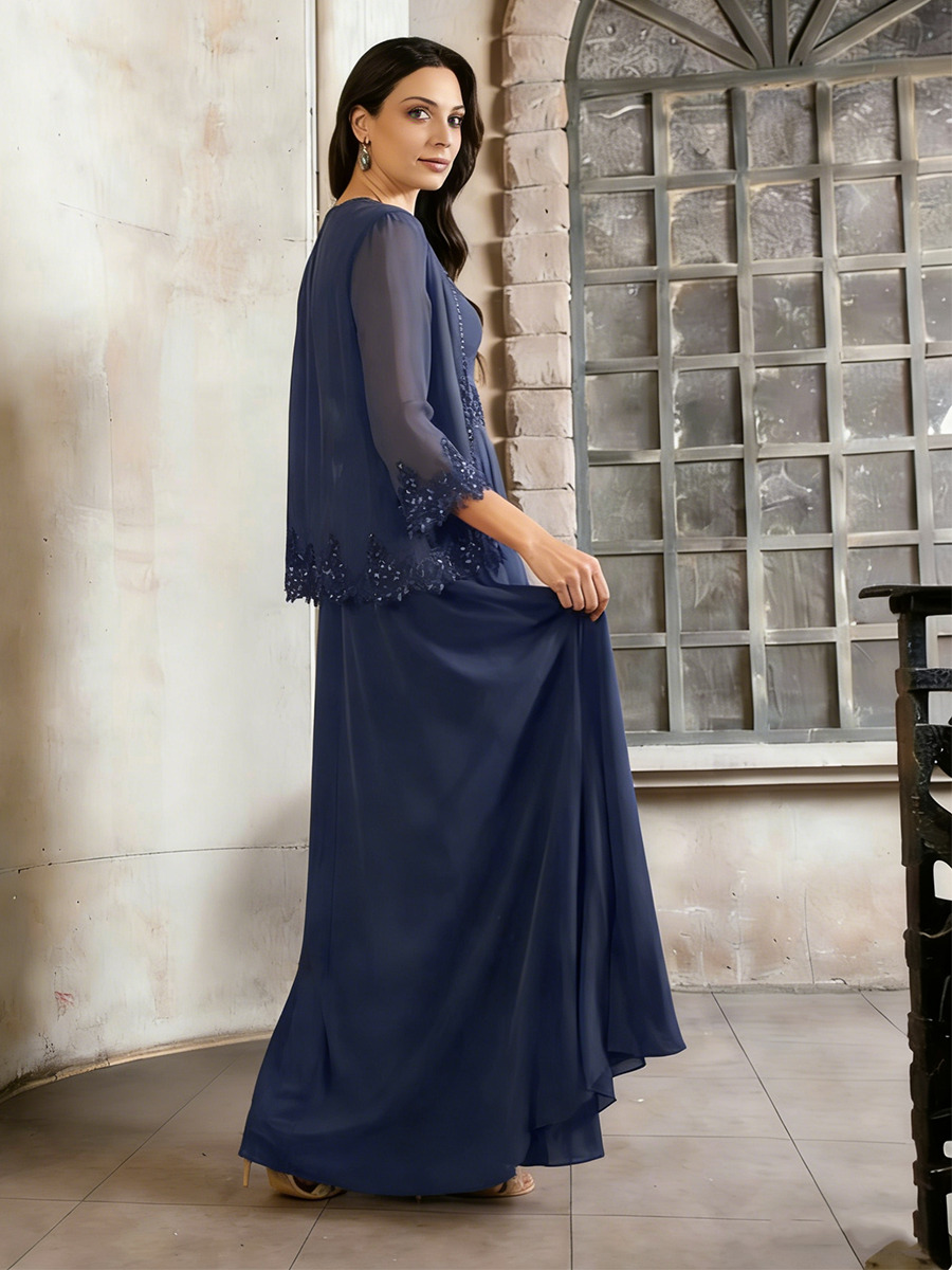 A-Line V-Neck Chiffon & Lace Floor-Length Two-Piece Dress with Lace Appliqué & Sheer Chiffon Jacket for Mother of the Bride & Gala Events