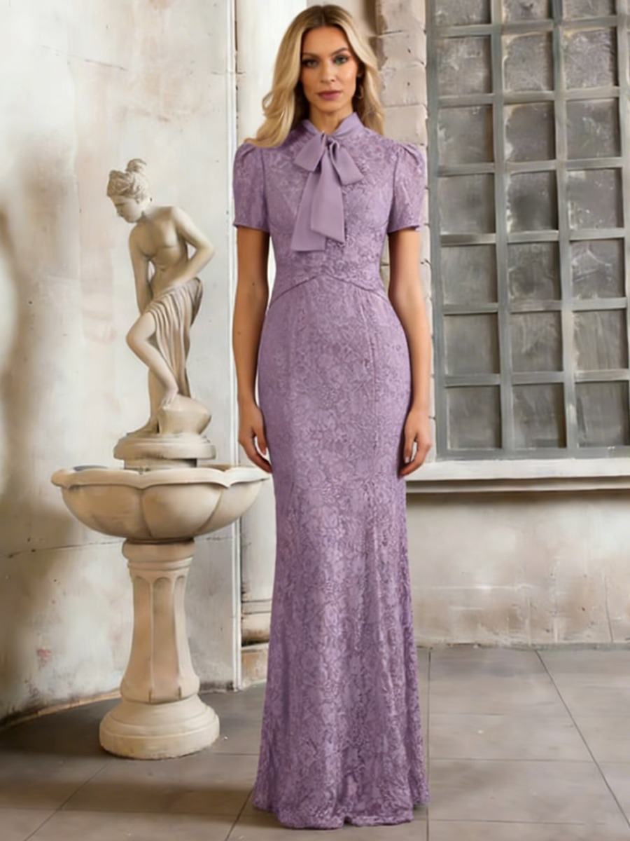 Mermaid Stand Collar Lace Floor-Length Dress with Neck Bow Detail, Short Puff Sleeves & All-Over Lace Texture for Wedding Guest & Gala Events