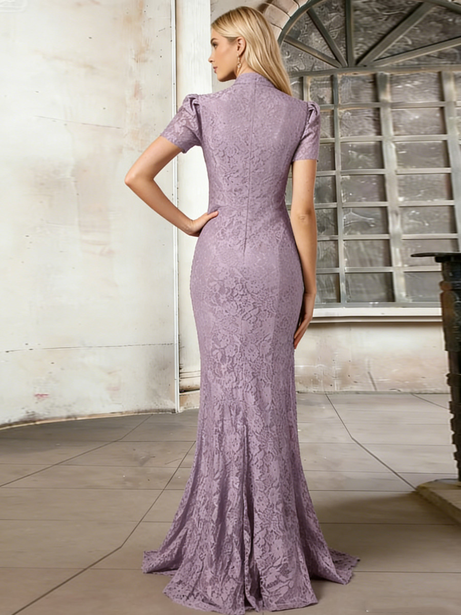 Mermaid Stand Collar Lace Floor-Length Dress with Neck Bow Detail, Short Puff Sleeves & All-Over Lace Texture for Wedding Guest & Gala Events