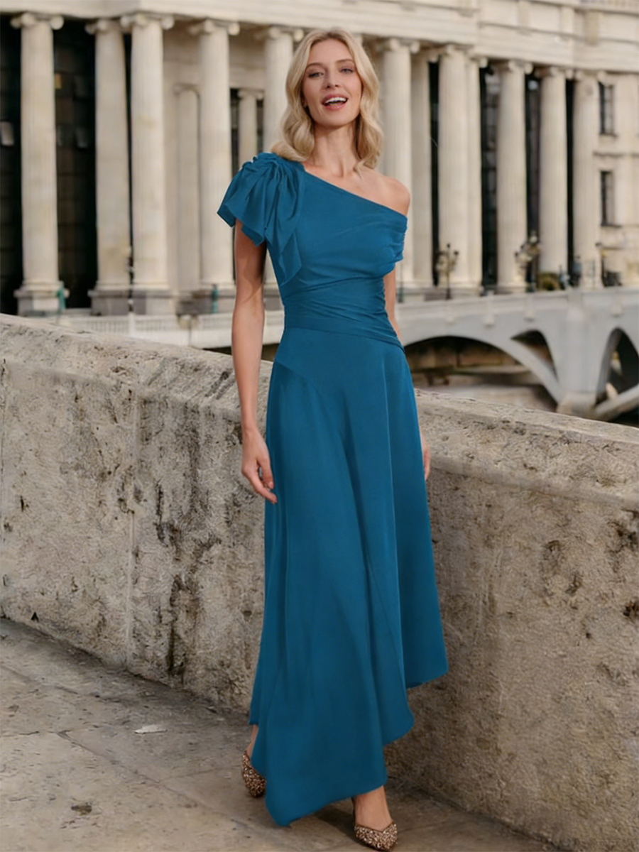 One-Shoulder Ruched Ruffle Chiffon Asymmetric Floor-Length Mother of the Bride Dress