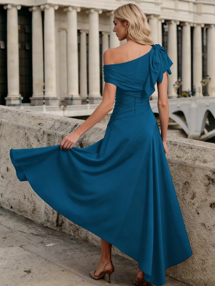 One-Shoulder Ruched Ruffle Chiffon Asymmetric Floor-Length Mother of the Bride Dress