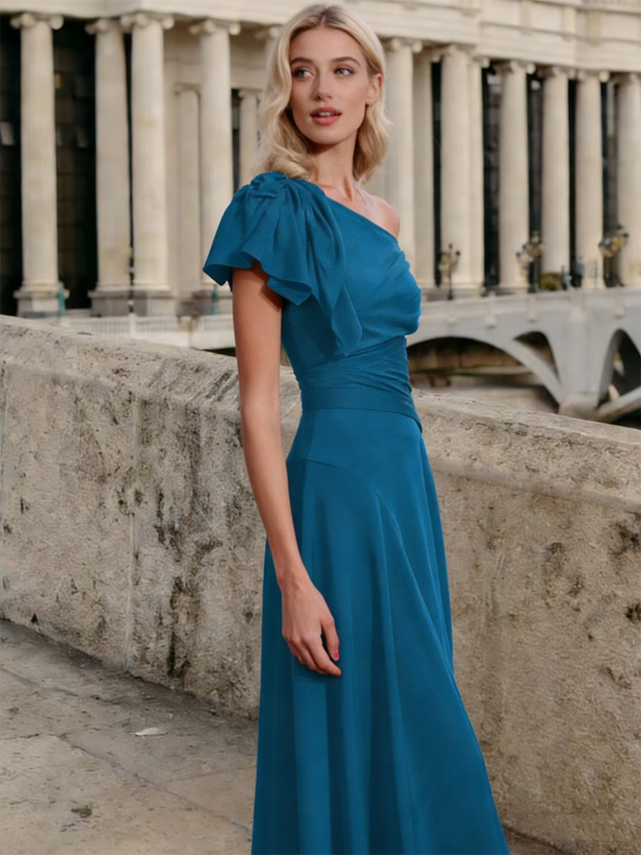 One-Shoulder Ruched Ruffle Chiffon Asymmetric Floor-Length Mother of the Bride Dress