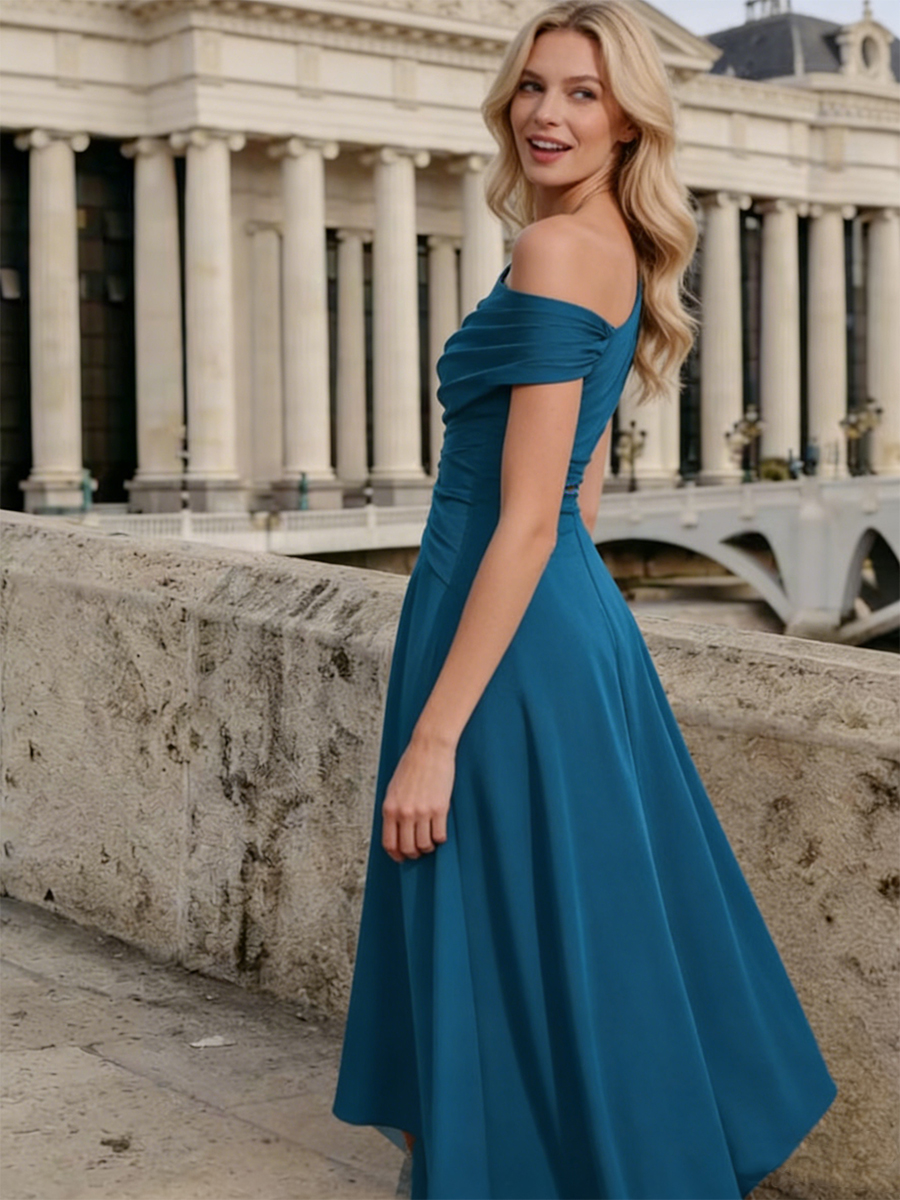One-Shoulder Ruched Ruffle Chiffon Asymmetric Floor-Length Mother of the Bride Dress