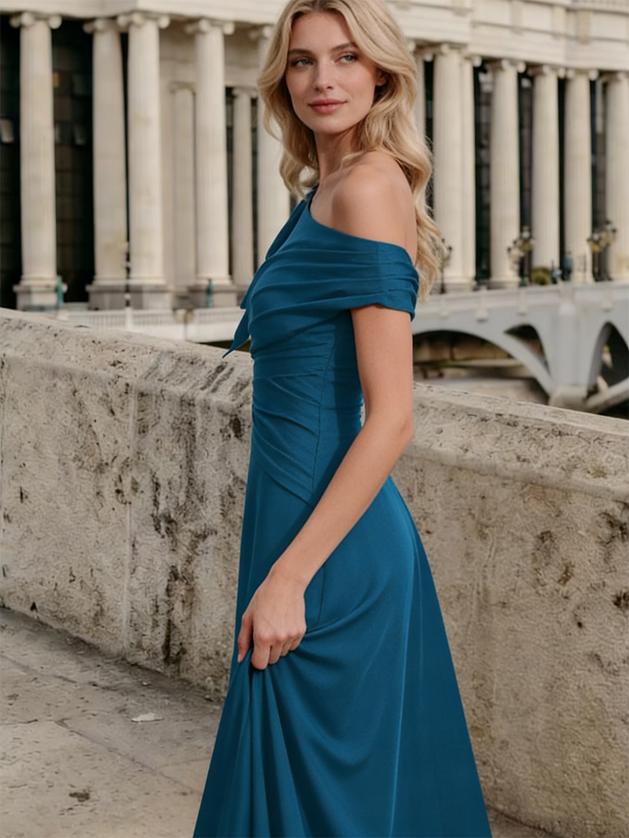 One-Shoulder Ruched Ruffle Chiffon Asymmetric Floor-Length Mother of the Bride Dress