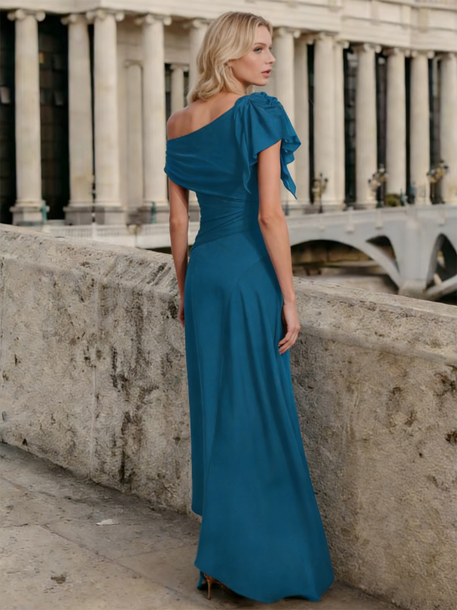 One-Shoulder Ruched Ruffle Chiffon Asymmetric Floor-Length Mother of the Bride Dress