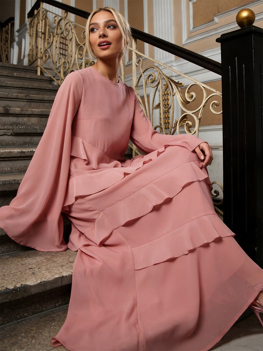 Crew Neck Long Sleeve Tiered Ruffle Chiffon Midi Formal Mother Of the Bride Dress