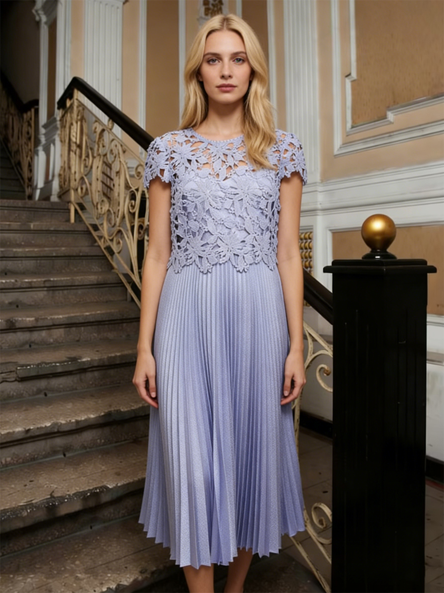 Elegant Crew Neck Lace Applique Pleated Chiffon Midi Formal Mother of the Bride Dress