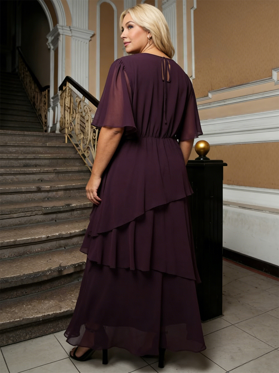 V-Neck Short Sleeve Tie Waist Asymmetric Tiered Chiffon Floor-Length Wedding Guest Dress