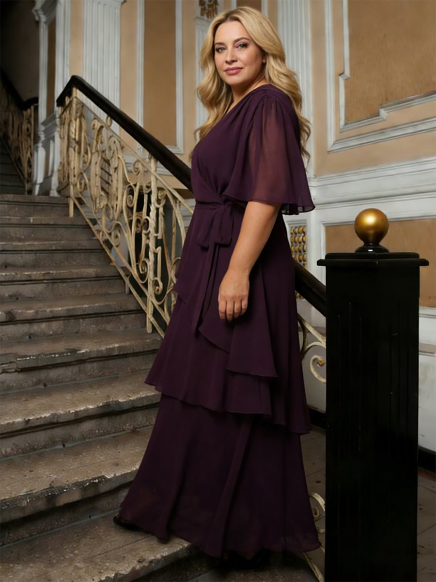 V-Neck Short Sleeve Tie Waist Asymmetric Tiered Chiffon Floor-Length Wedding Guest Dress