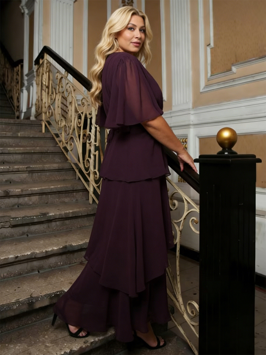 V-Neck Short Sleeve Tie Waist Asymmetric Tiered Chiffon Floor-Length Wedding Guest Dress