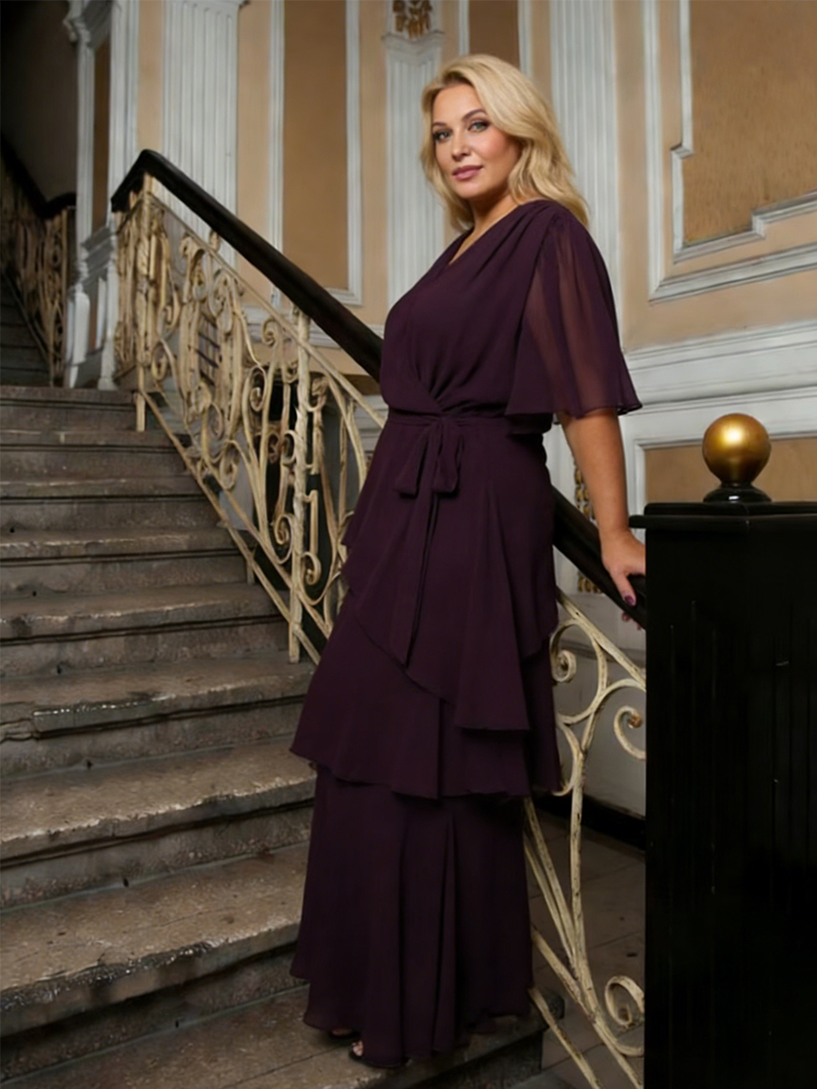 V-Neck Short Sleeve Tie Waist Asymmetric Tiered Chiffon Floor-Length Wedding Guest Dress