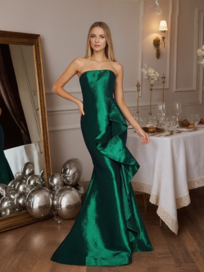 Mermaid Strapless Satin Floor-Length Ruffle Formal Evening Gown
