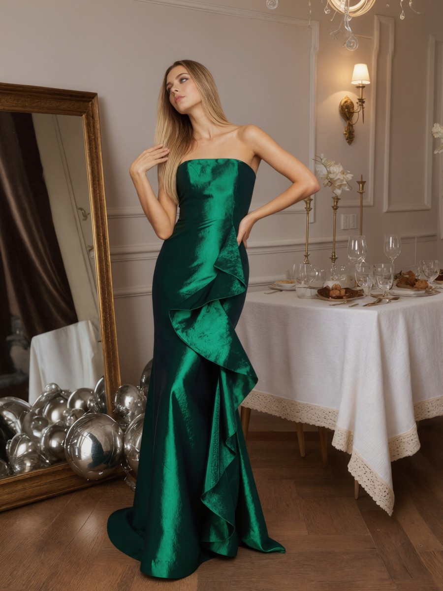Mermaid Strapless Satin Floor-Length Ruffle Formal Evening Gown