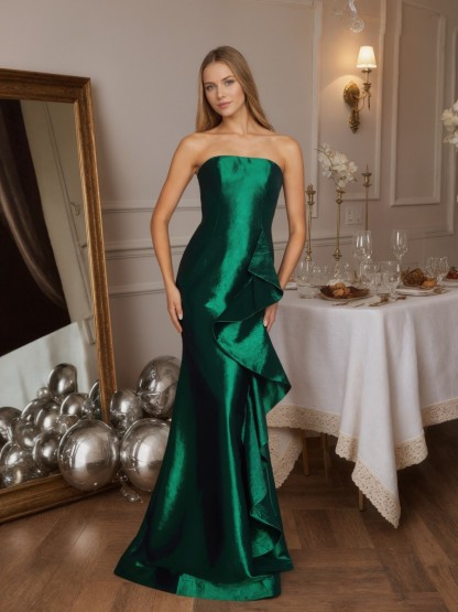 Mermaid Strapless Satin Floor-Length Ruffle Formal Evening Gown