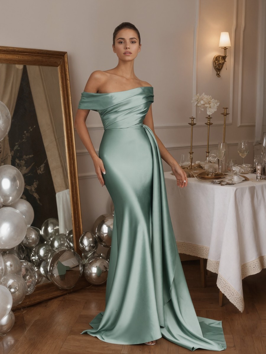Sheath Off-the-Shoulder Satin Floor-Length Draped Formal Evening Gown