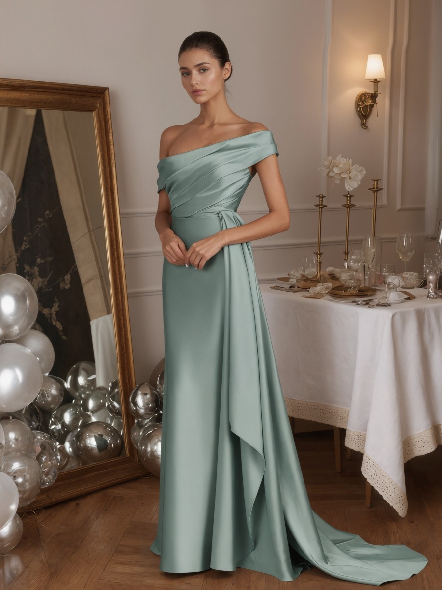 Sheath Off-the-Shoulder Satin Floor-Length Draped Formal Evening Gown