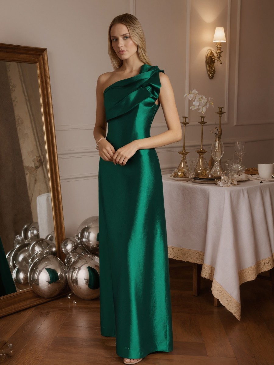 Sheath One-Shoulder Satin Floor-Length Ruched Formal Evening Gown