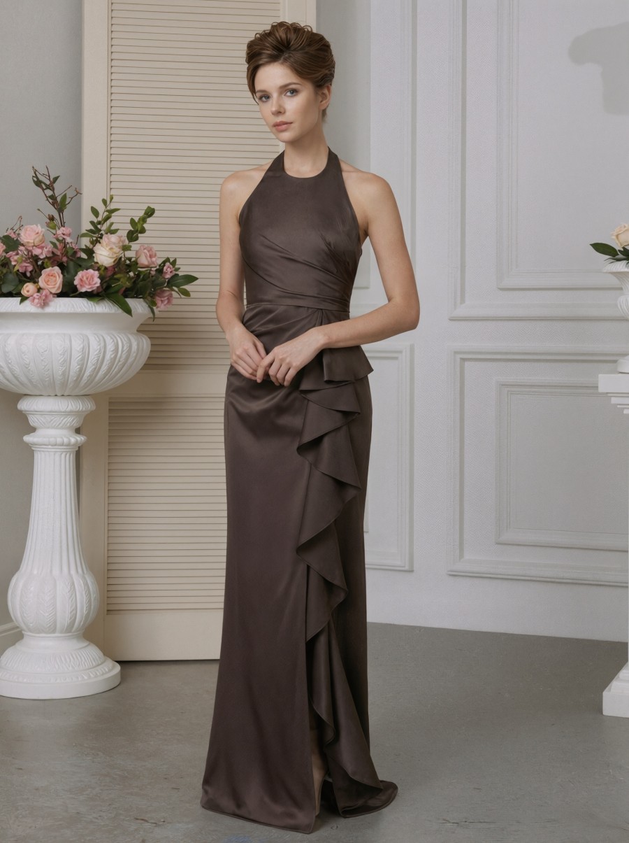 Sheath Halter Satin Floor-Length Ruffle Formal Evening Gown