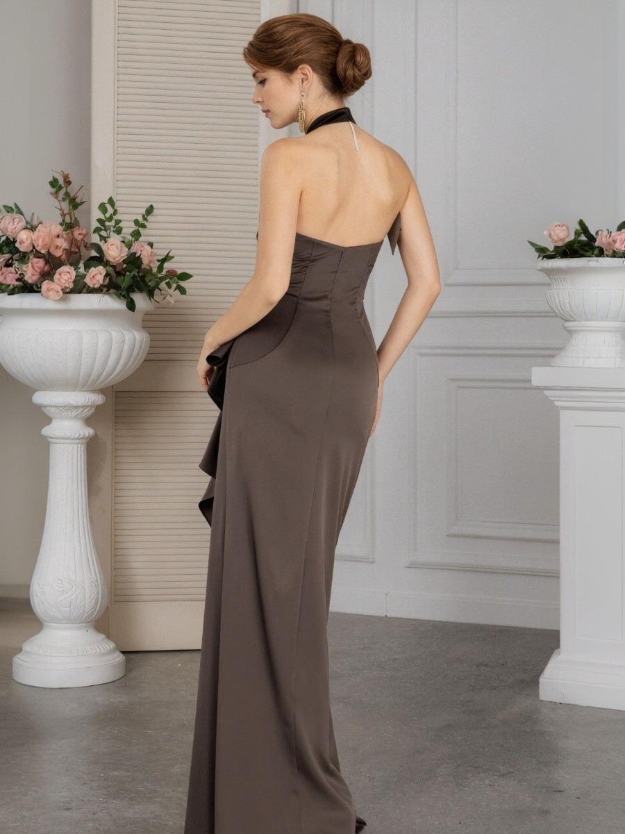 Sheath Halter Satin Floor-Length Ruffle Formal Evening Gown