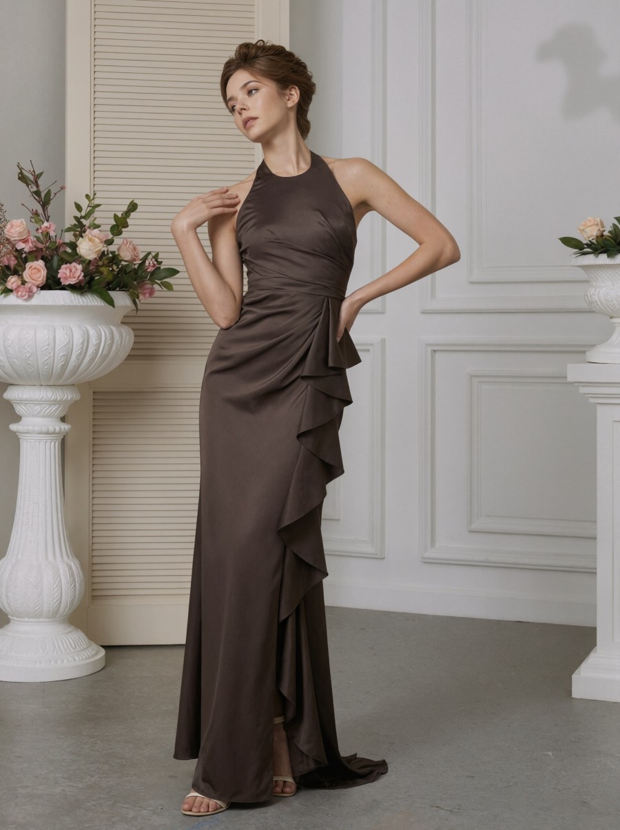 Sheath Halter Satin Floor-Length Ruffle Formal Evening Gown