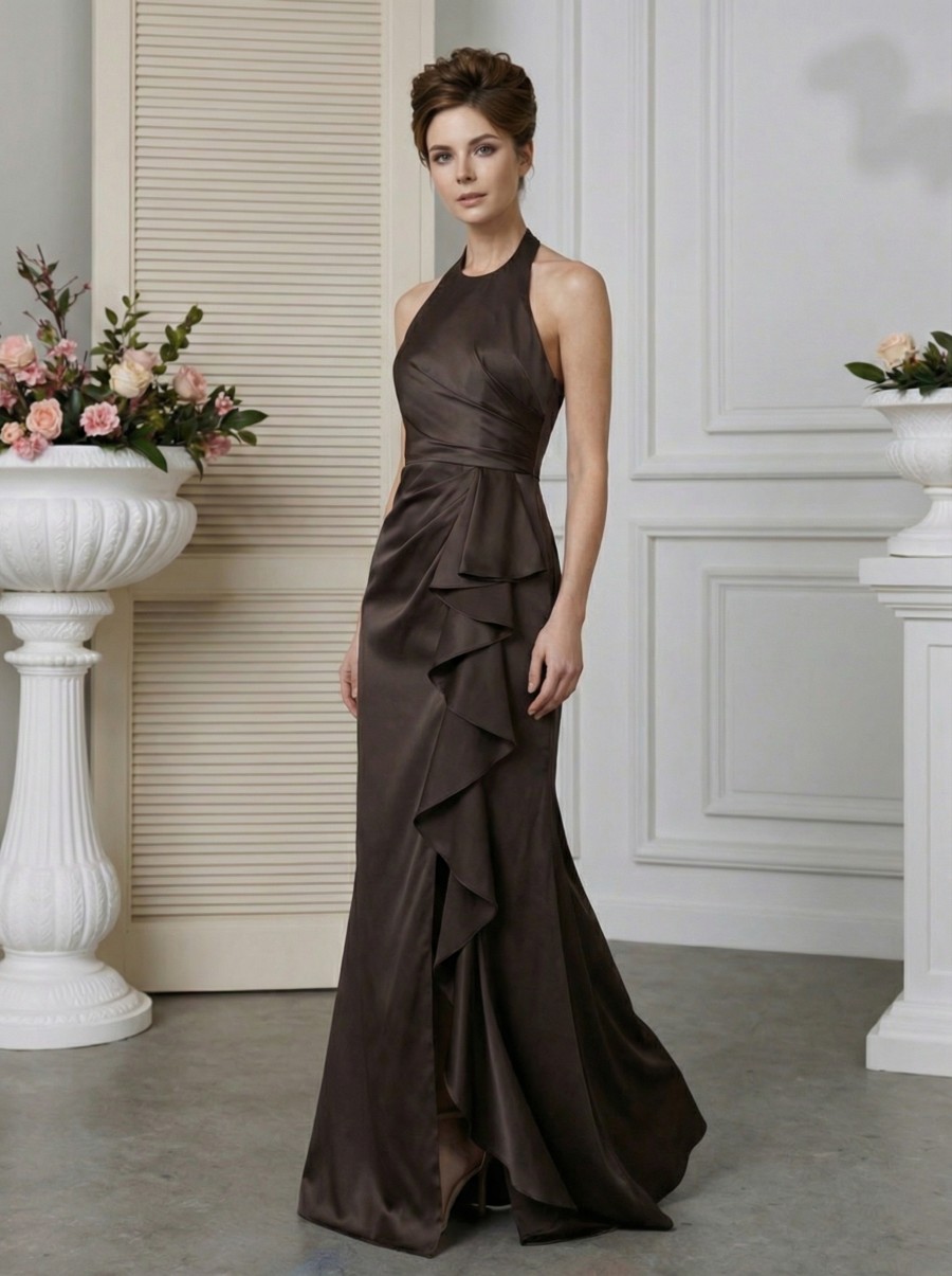 Sheath Halter Satin Floor-Length Ruffle Formal Evening Gown