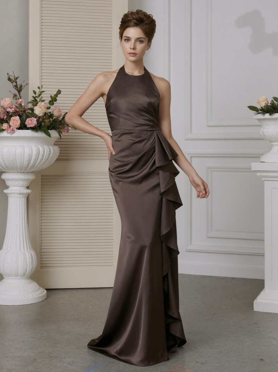 Sheath Halter Satin Floor-Length Ruffle Formal Evening Gown