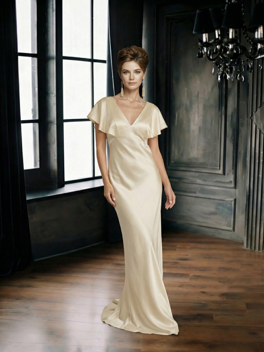 A-Line V-Neck Satin Floor-Length Flutter Sleeve Formal Evening Gown
