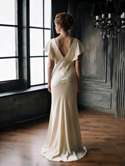 A-Line V-Neck Satin Floor-Length Flutter Sleeve Formal Evening Gown