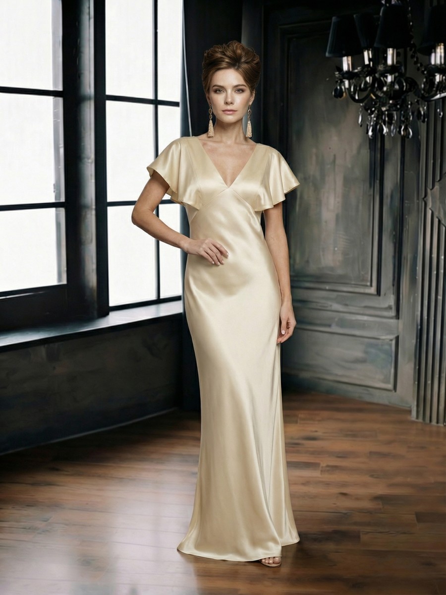 A-Line V-Neck Satin Floor-Length Flutter Sleeve Formal Evening Gown