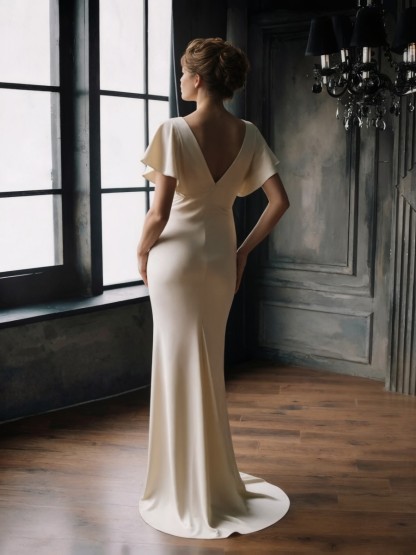 A-Line V-Neck Satin Floor-Length Flutter Sleeve Formal Evening Gown