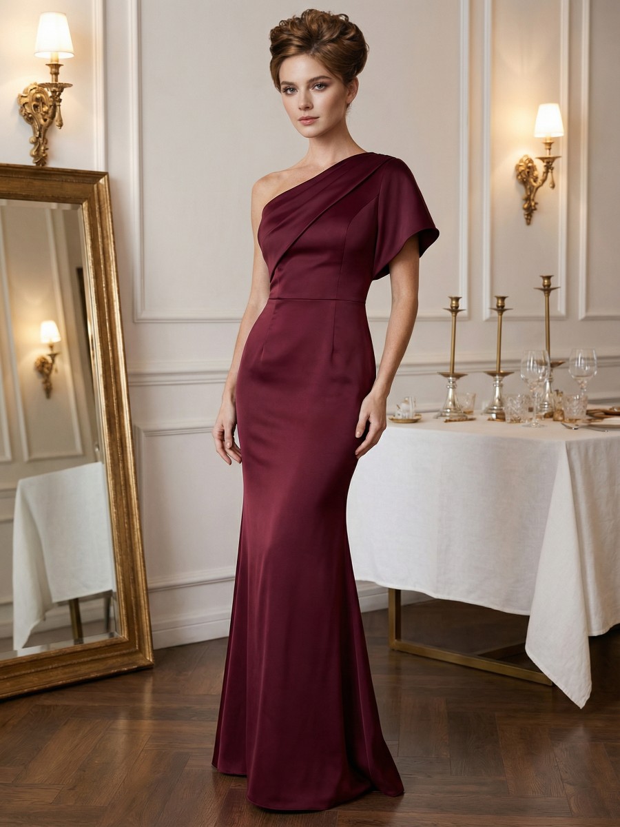 Sheath One-Shoulder Satin Floor-Length Formal Evening Gown
