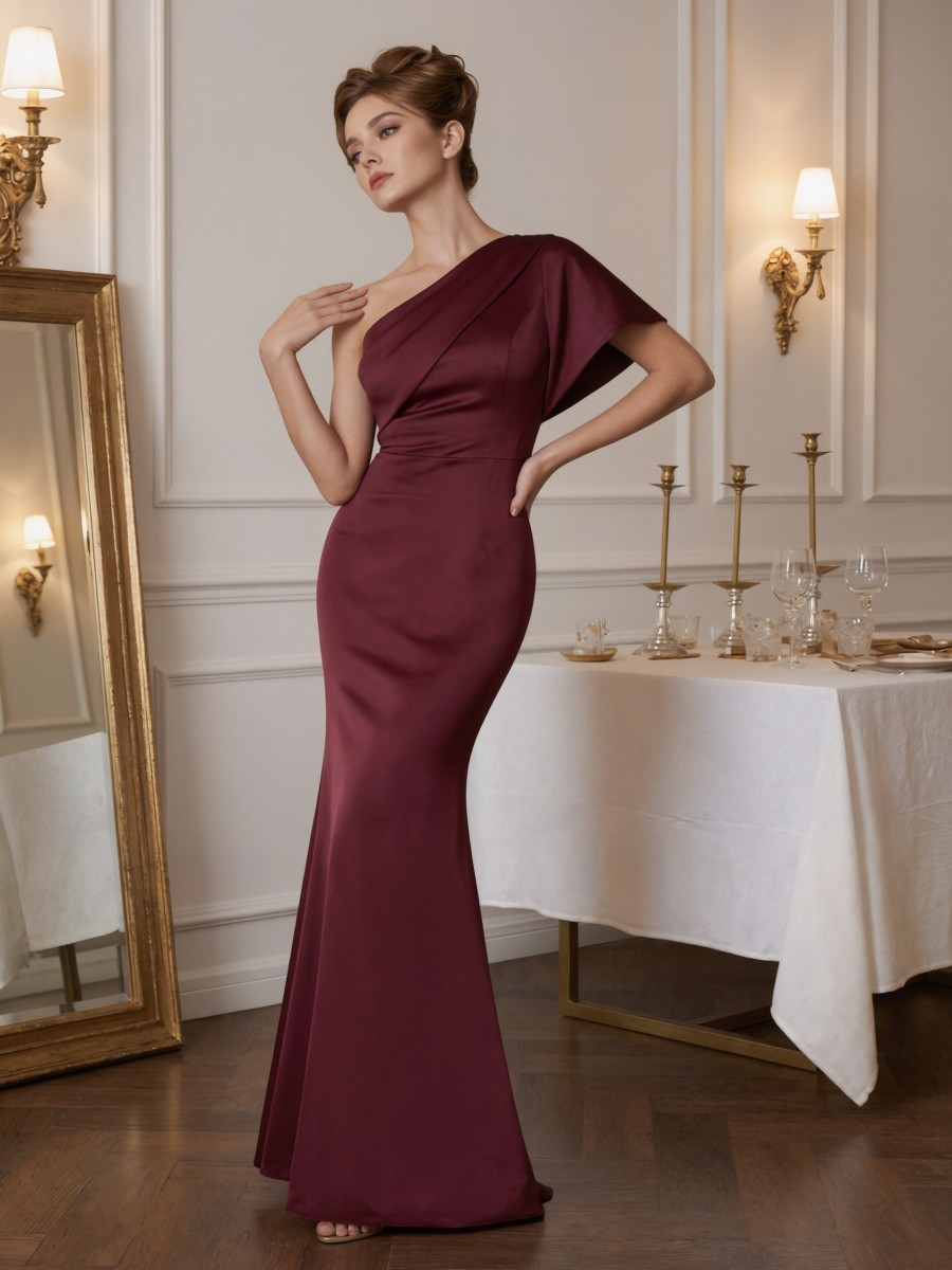 Sheath One-Shoulder Satin Floor-Length Formal Evening Gown