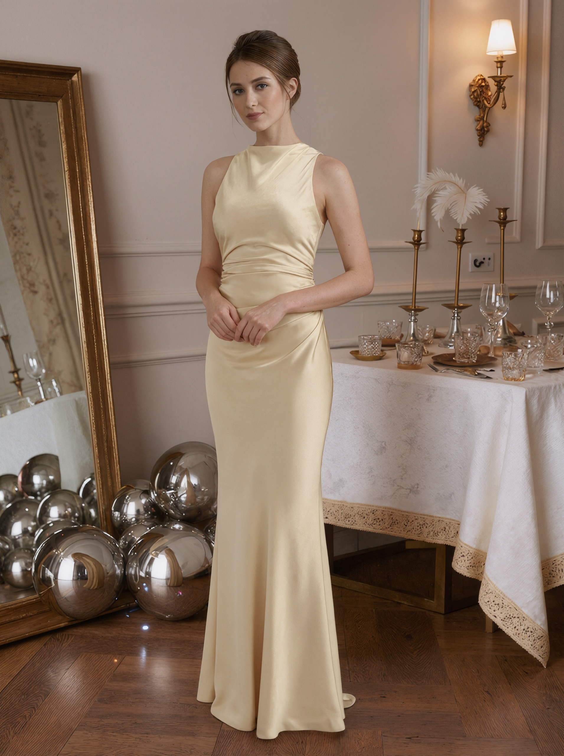 Sheath Crew Neck Satin Floor-Length Ruched Formal Evening Gown