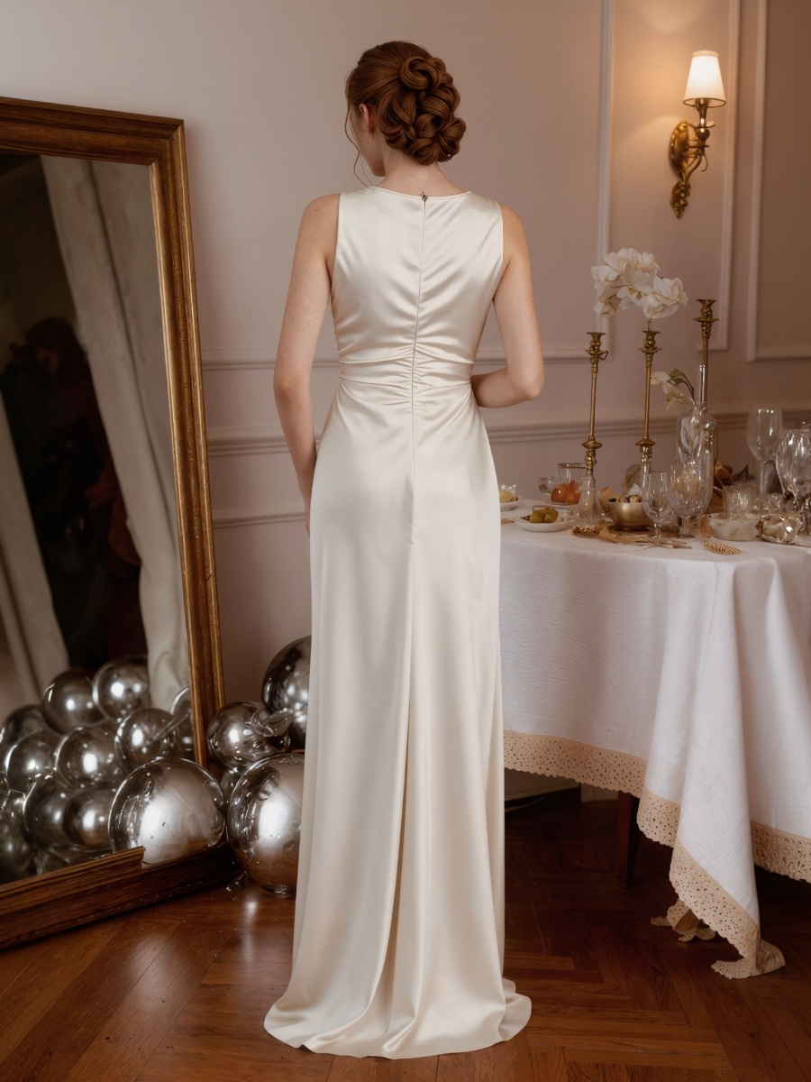 Sheath Crew Neck Satin Floor-Length Ruched Formal Evening Gown