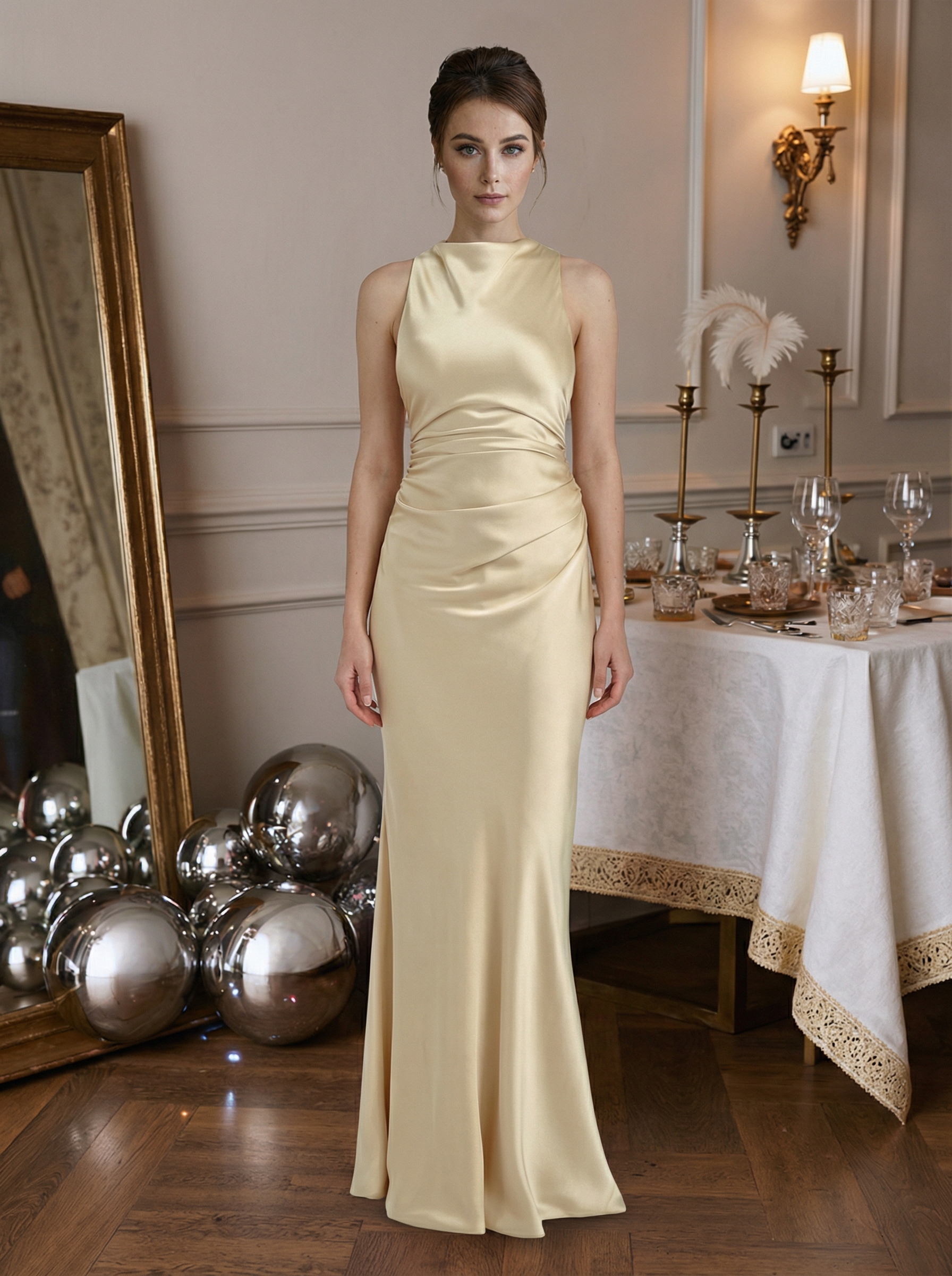 Sheath Crew Neck Satin Floor-Length Ruched Formal Evening Gown