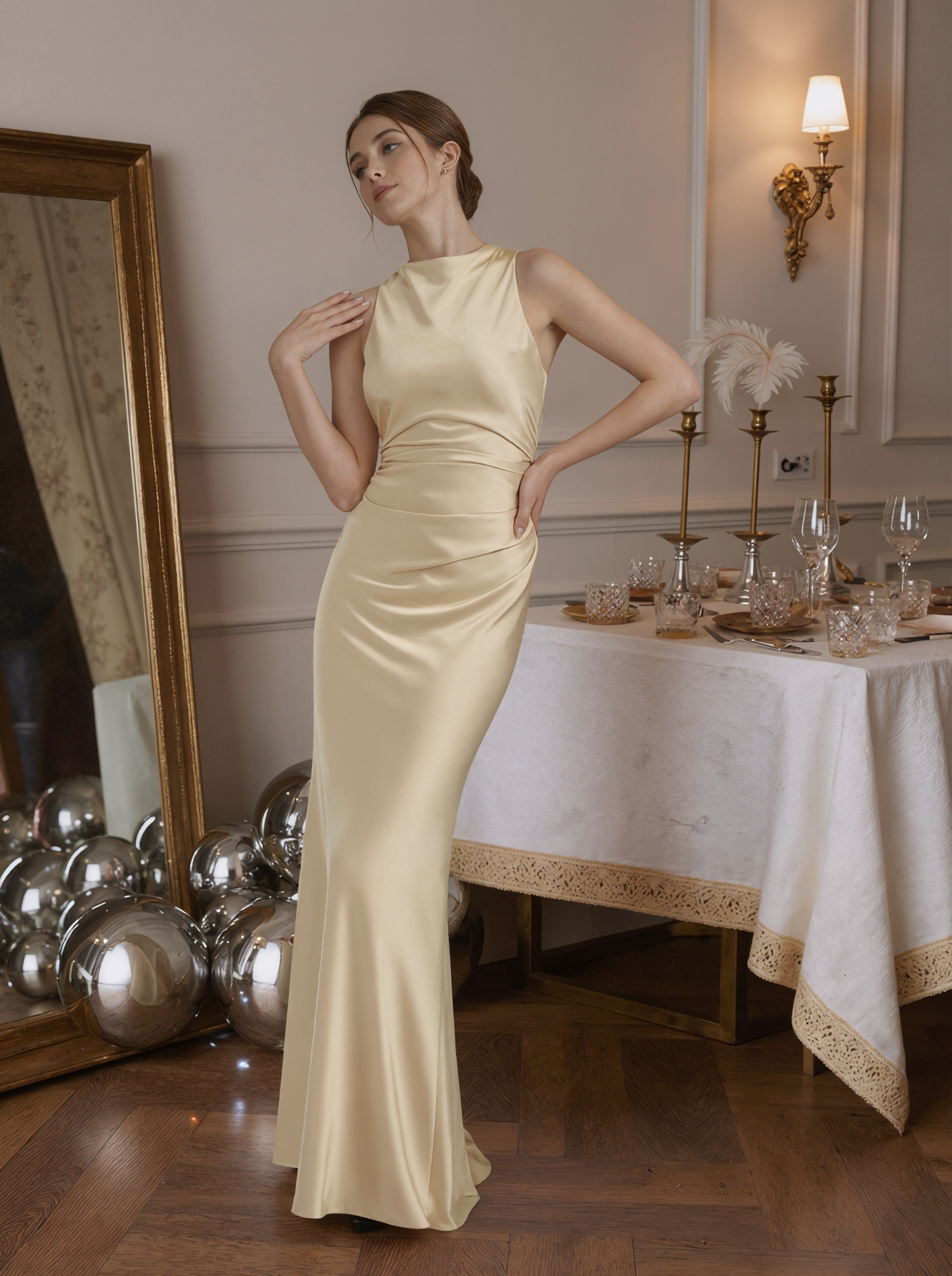 Sheath Crew Neck Satin Floor-Length Ruched Formal Evening Gown