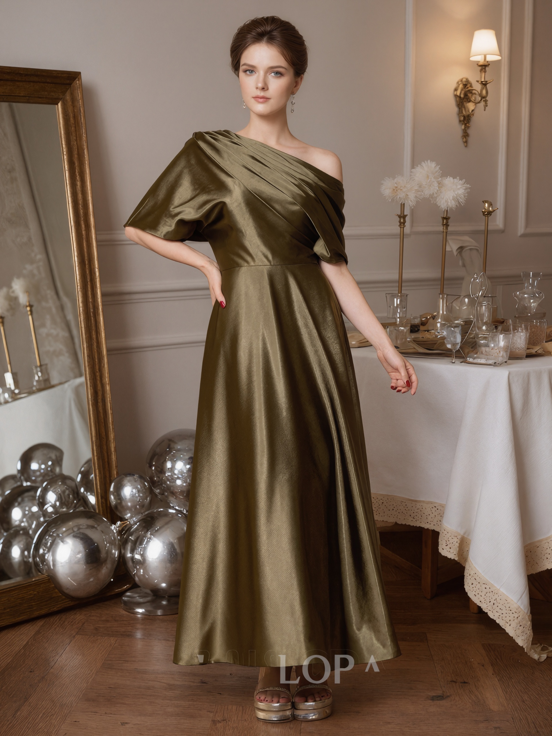 A-Line One-Shoulder Satin Floor-Length Draped Formal Evening Gown
