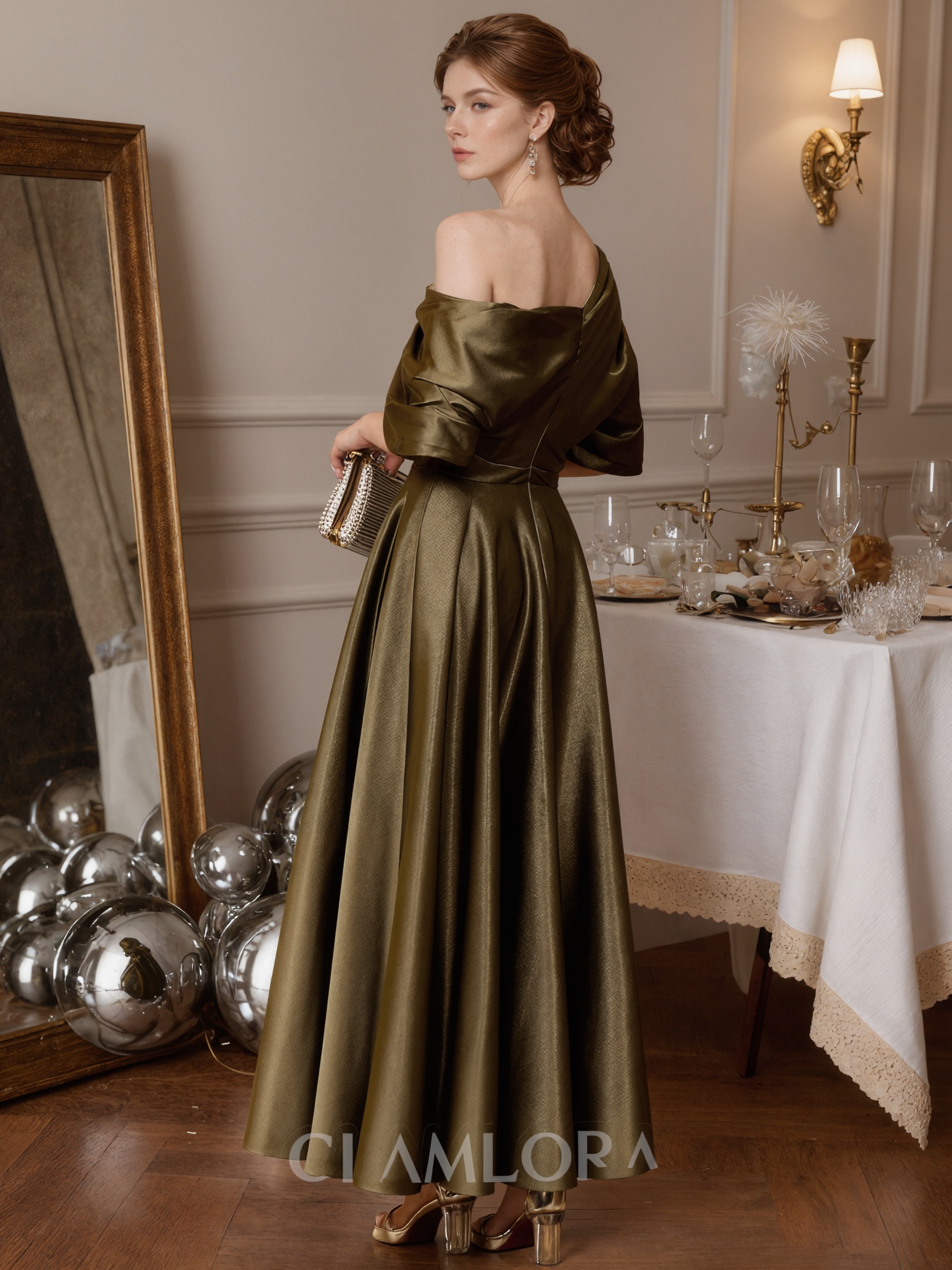 A-Line One-Shoulder Satin Floor-Length Draped Formal Evening Gown