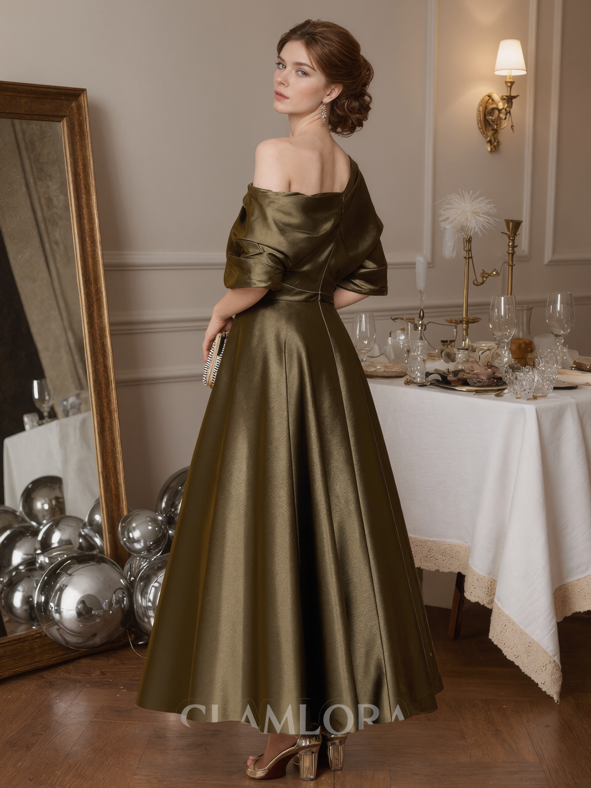 A-Line One-Shoulder Satin Floor-Length Draped Formal Evening Gown