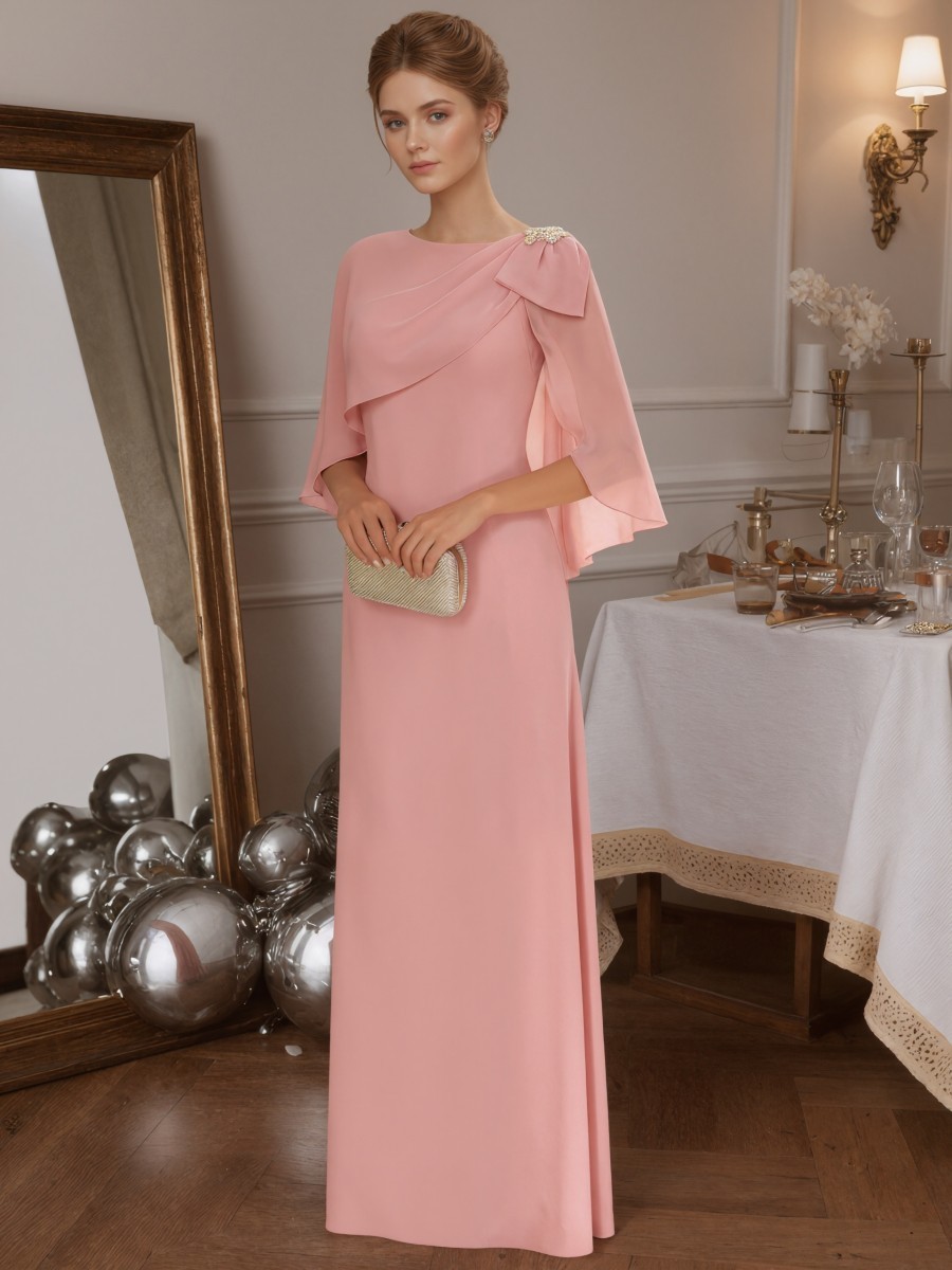A-Line Crew Neck Chiffon Floor-Length Cape Sleeve Mother of the Bride Dress